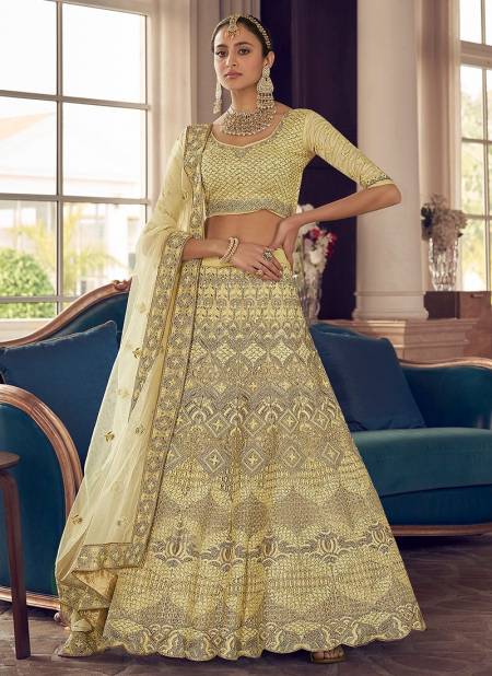 Lime Yellow Colour New Collection Fancy Wedding Wear Crepe Heavy Latest Bridal Lehenga Choli 9404